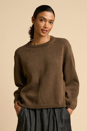 Women's Cotton Crew Neck Sweater - Brown Marl