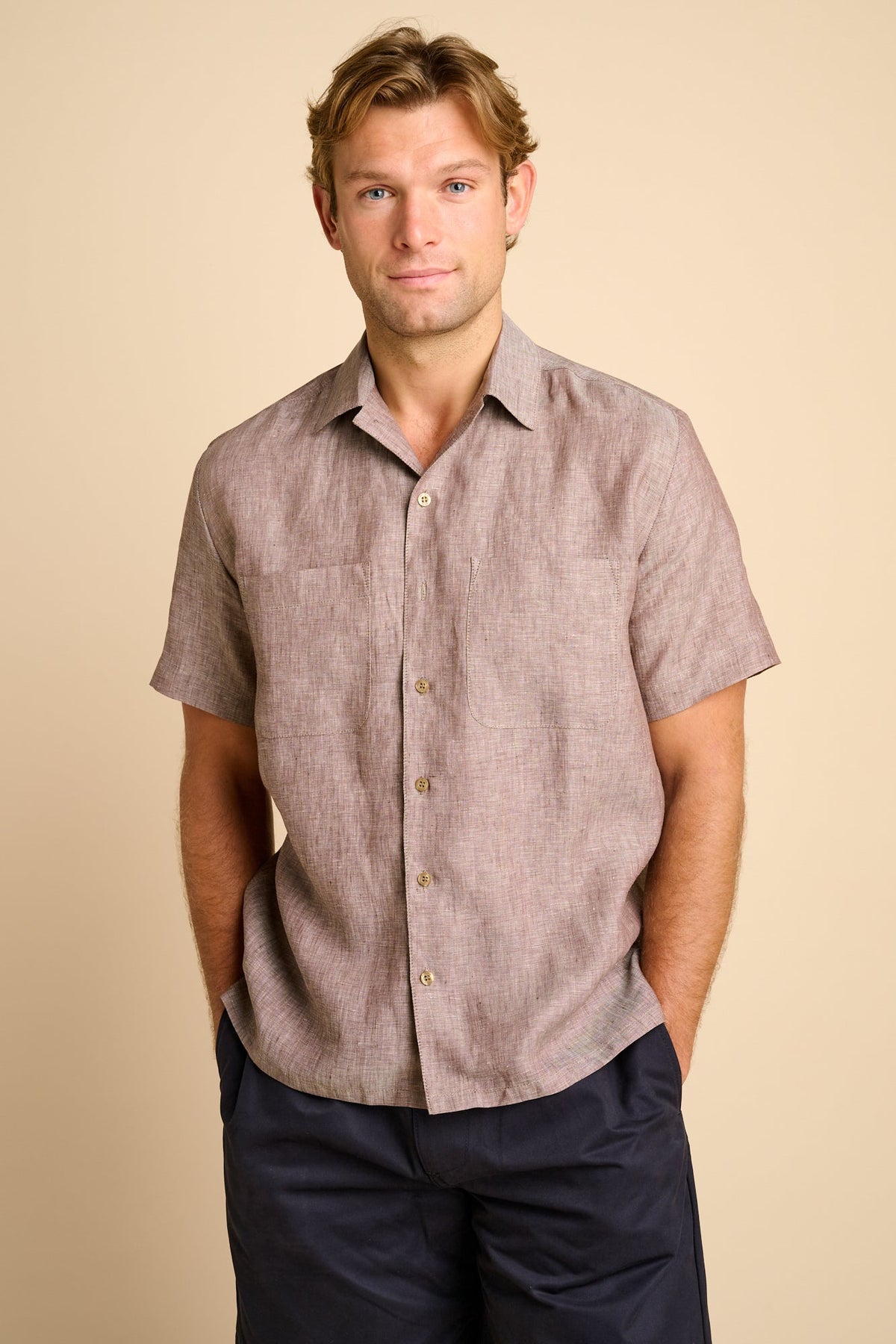 Marc Bowling Shirt - Light Brown Linen