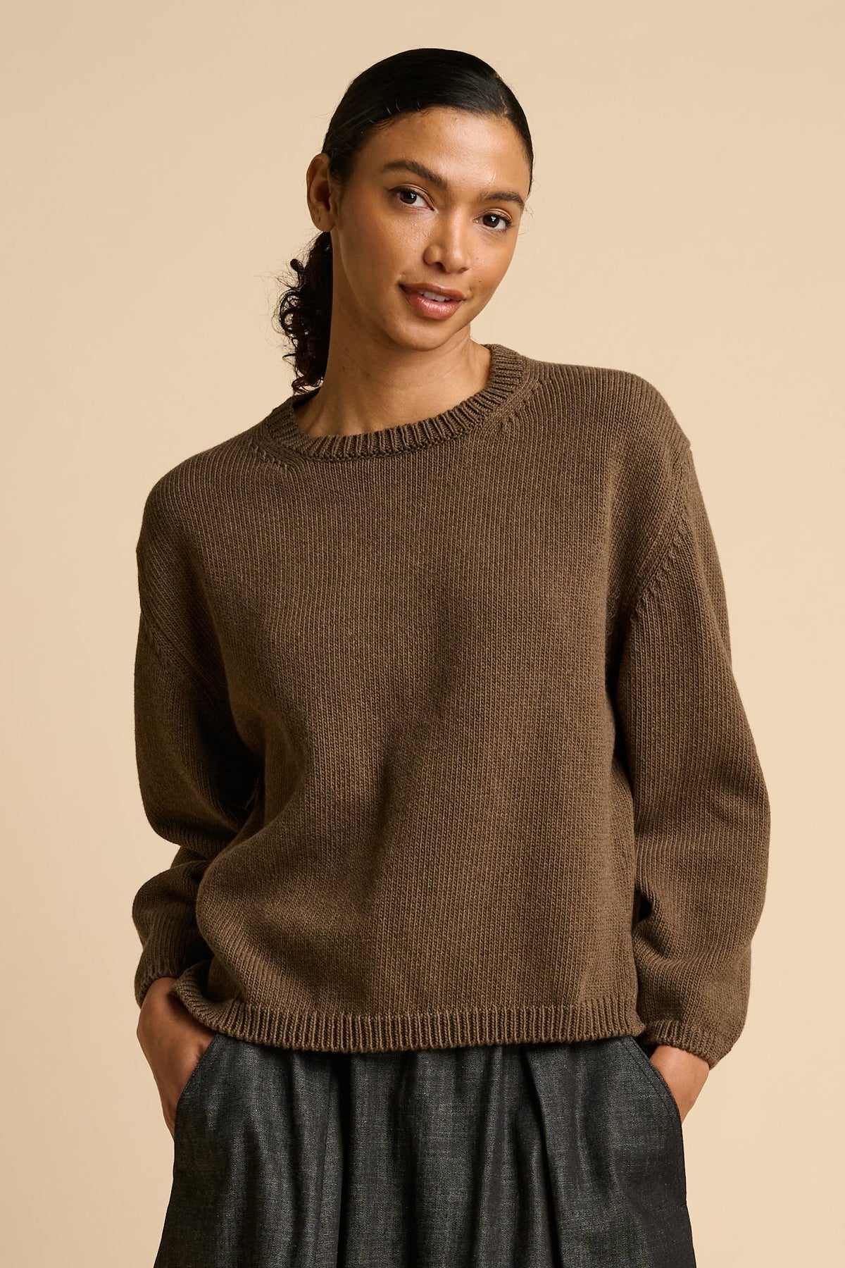 Women's Cotton Crew Neck Sweater - Brown Marl
