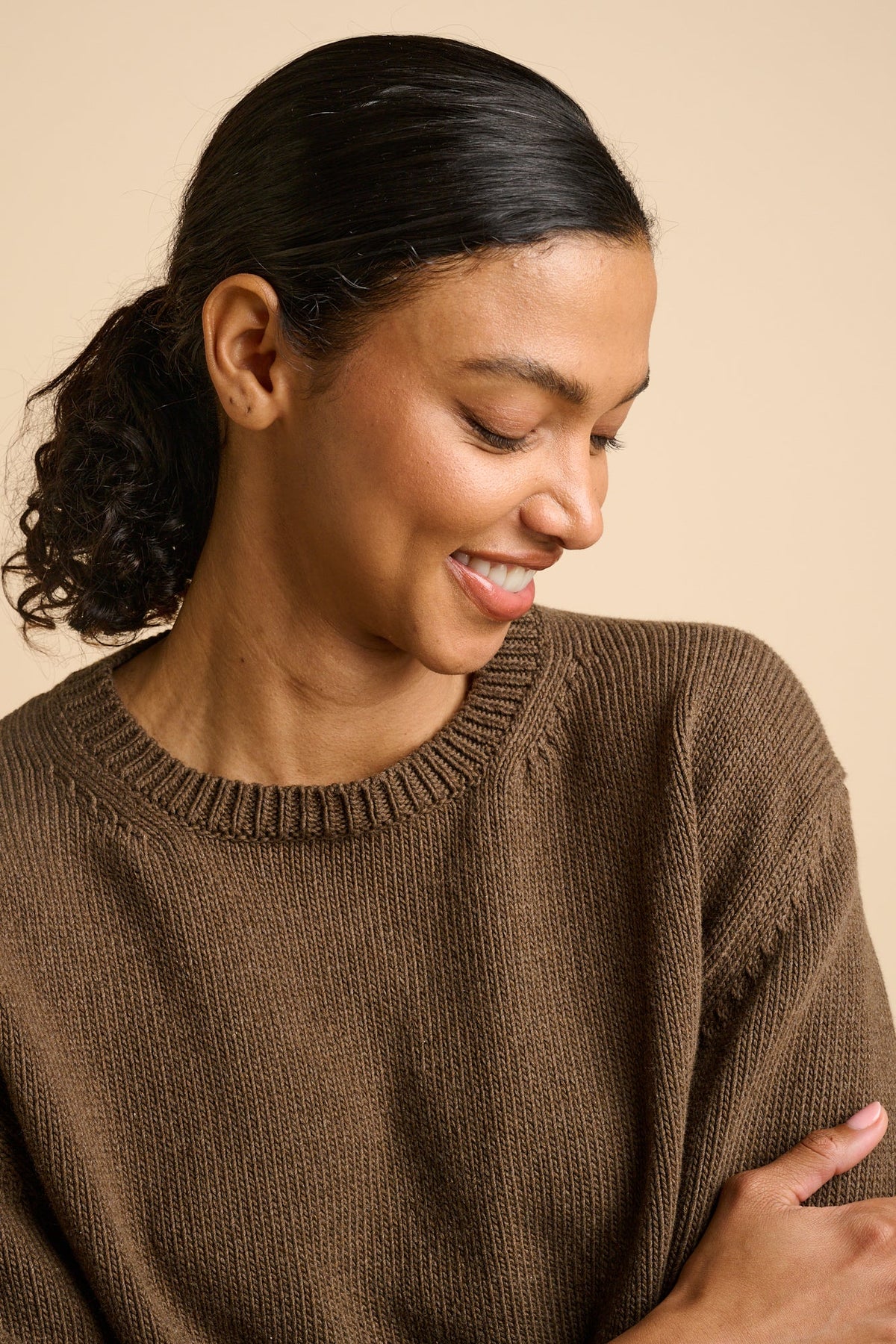 Women's Cotton Crew Neck Sweater - Brown Marl