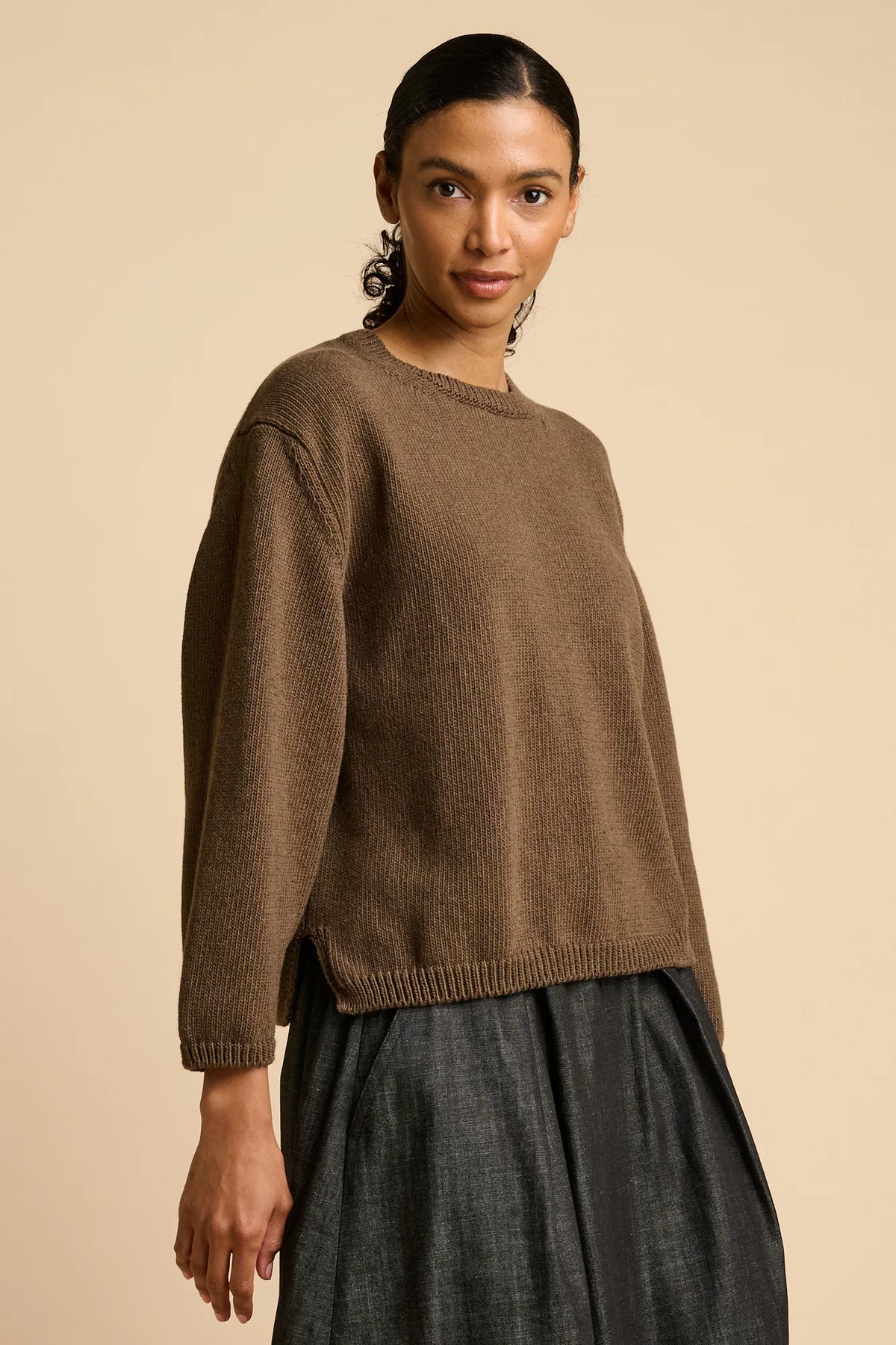 Women's Cotton Crew Neck Sweater - Brown Marl