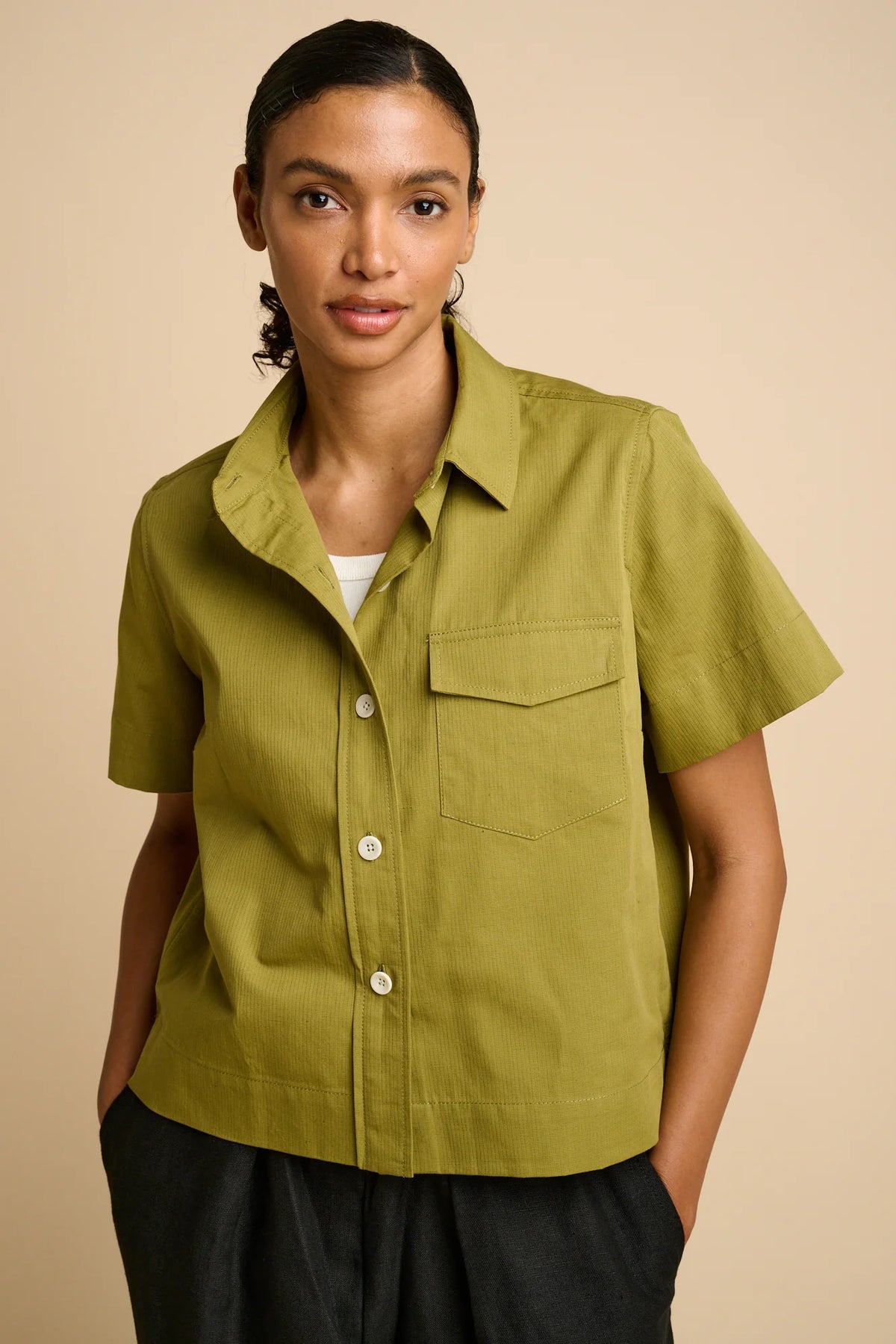 Penny Cropped Shirt Cotton Hemp - Light Olive