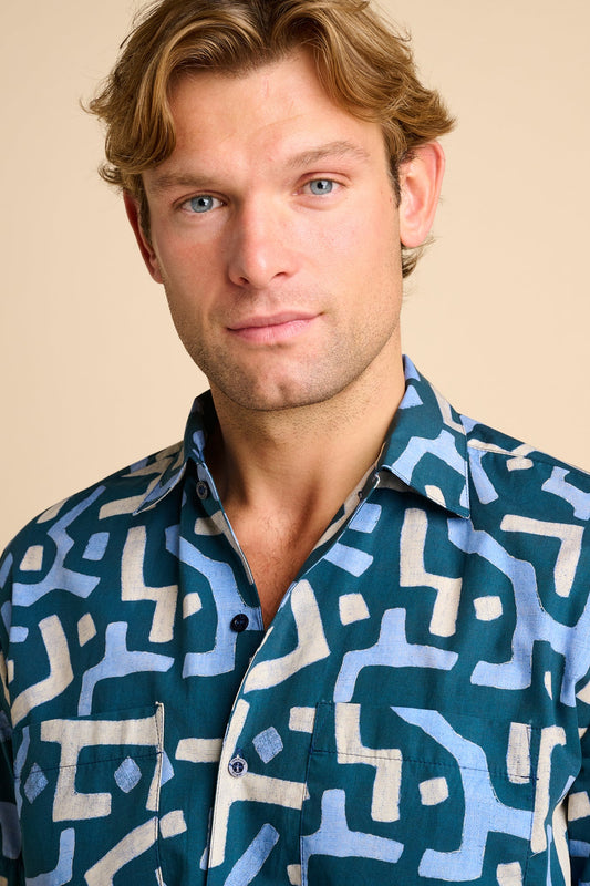 Marc Bowling Shirt - Blue Kuba Print
