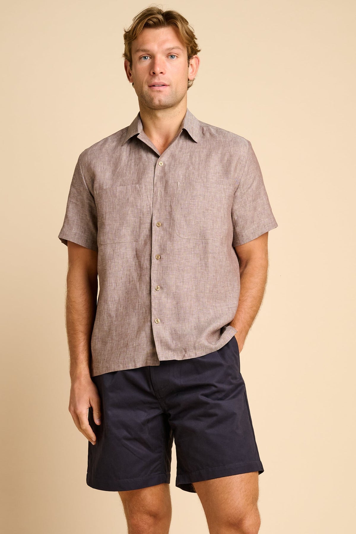 Marc Bowling Shirt - Light Brown Linen